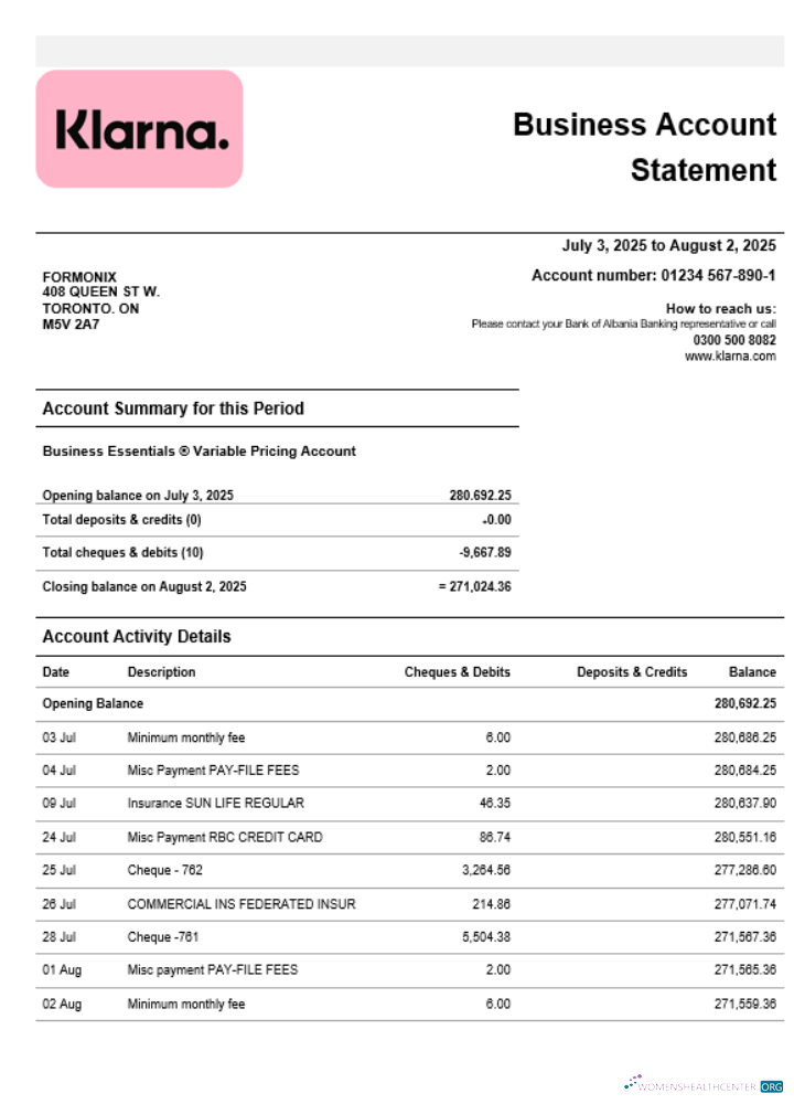 Download Klarna Bank firm account statement Word and PDF template Photoshop template